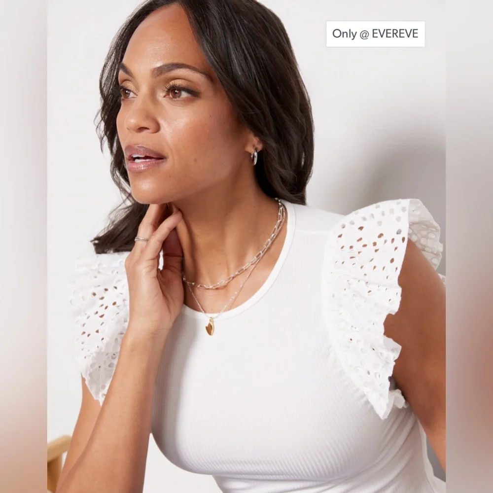 NWOT Evereve Logan Eyelet Ruffle Top, Size Large. - Picture 3 of 5